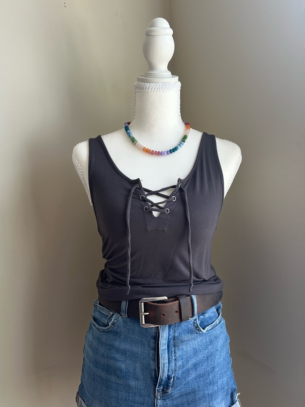American Eagle Outfitters Lace-Up Tank Top in Charcoal Gray